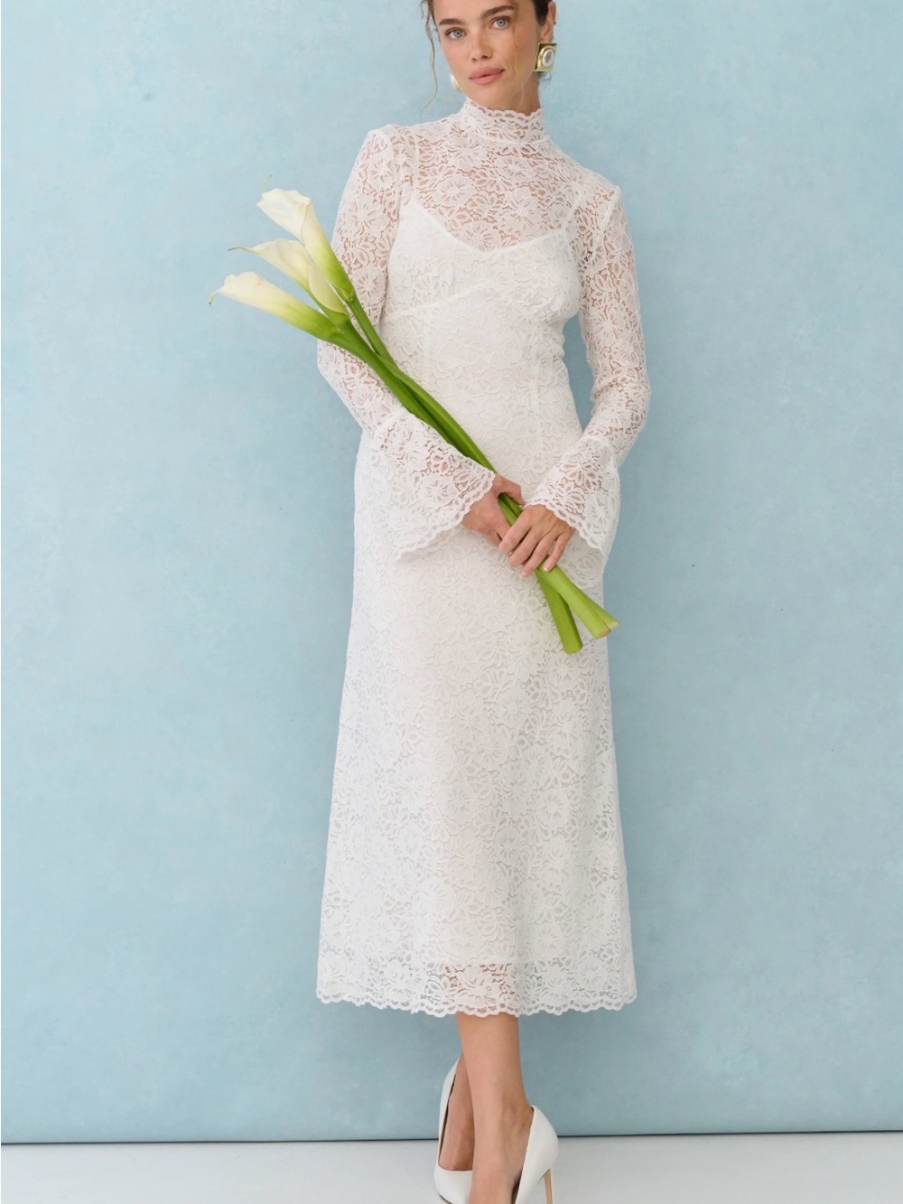 Lace High-Neck White Maxi Dress